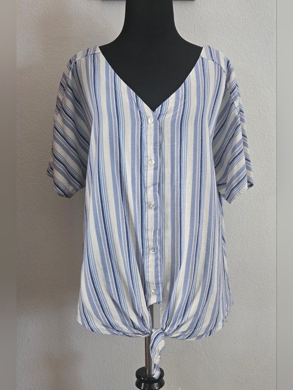 Como Vintage Blue & White Striped Tie-Front Button Top